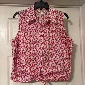 Talbots - pink & white sleeveless top - tie at waist - embroidered flowers - 18